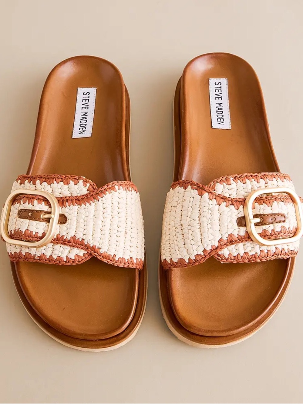 Steve Madden Cream and Brown Woven Buckle Slide Sandals - Picture 2 of 7